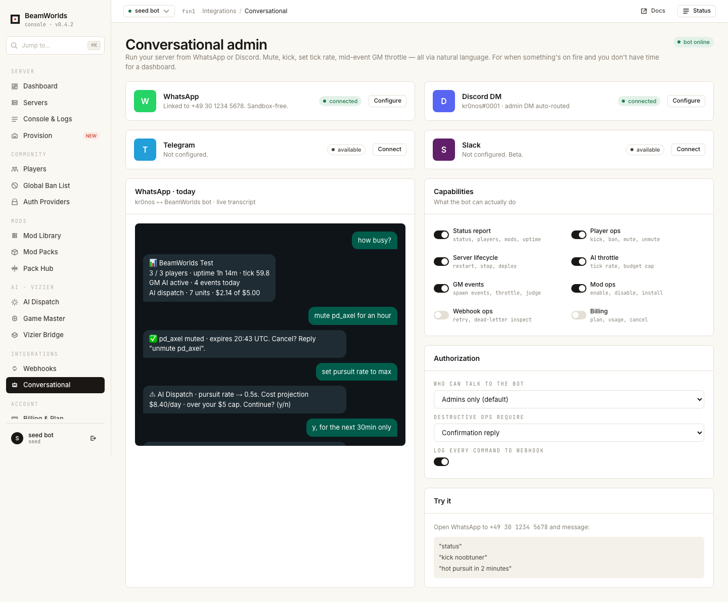Conversational admin: chat connectors and a conversation that controls the server