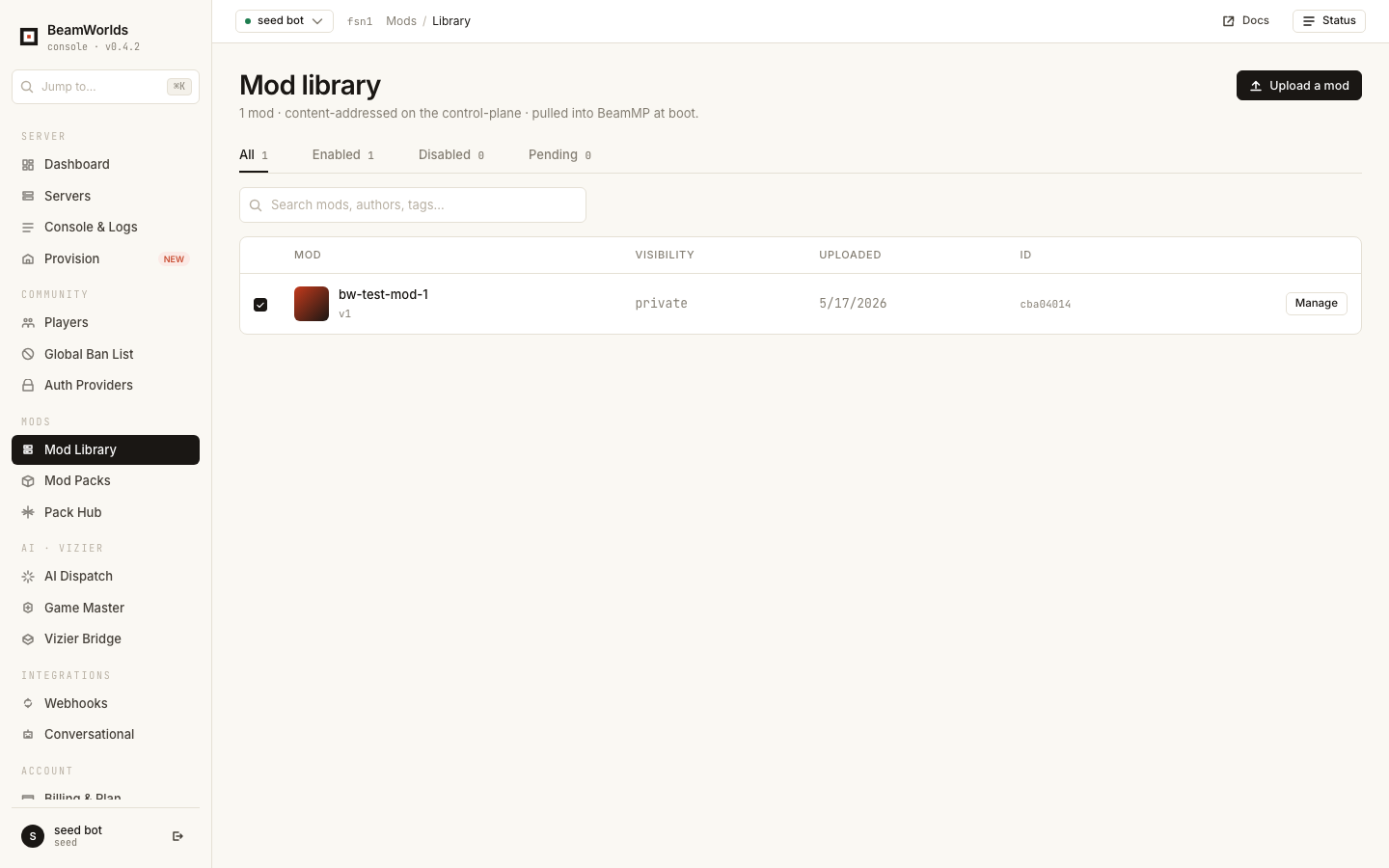 Mod library with upload, content-addressed storage, visibility and versions